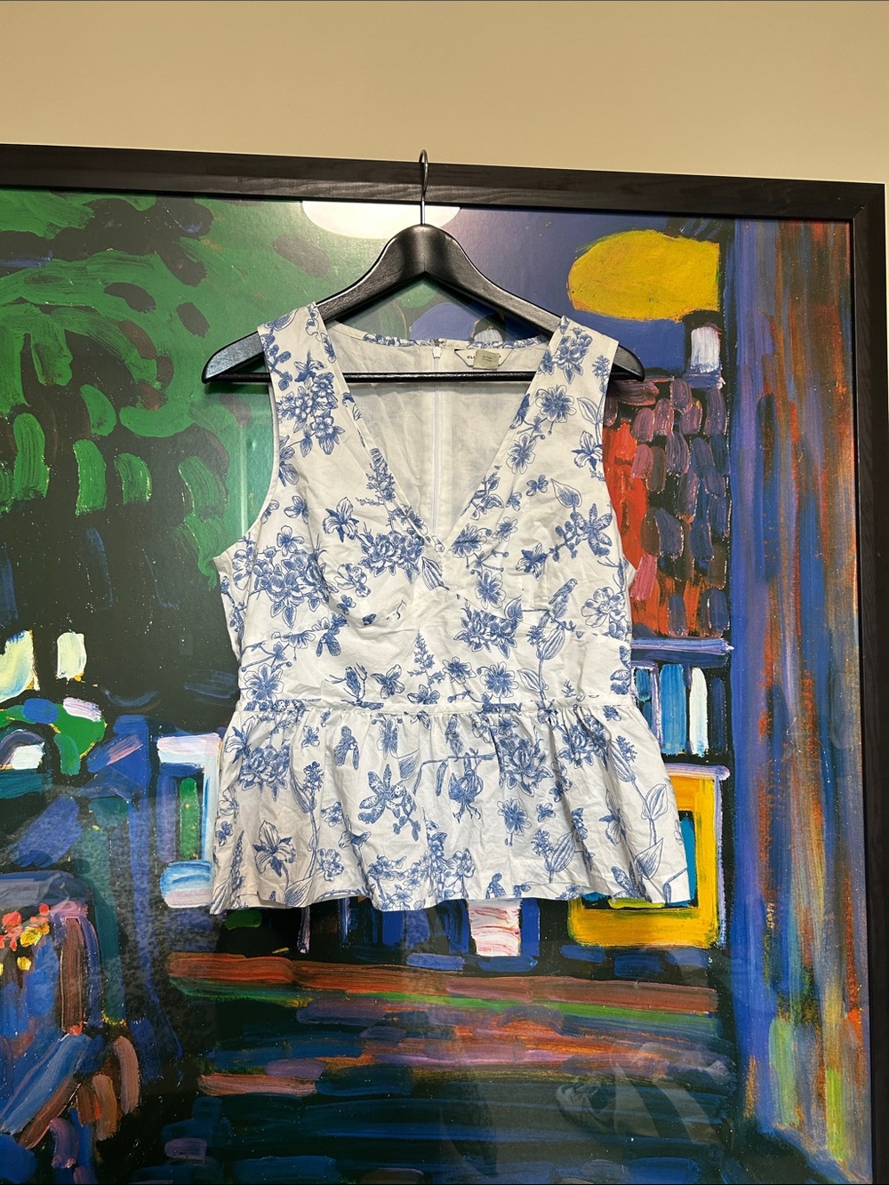 Club Monaco Floral V-Neck Peplum Tank Top - Blue/White 100% Cotton